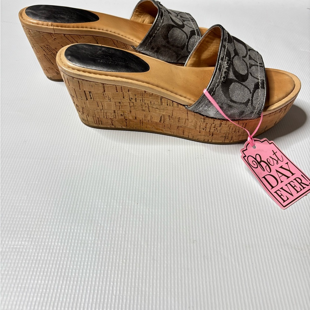 Coach Metallic Silver Signature Canvas Cork Platform Slide Mules